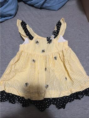 Rare Editions Yellow Bee-Embroidered Sundress with Black Polka Dot Trim